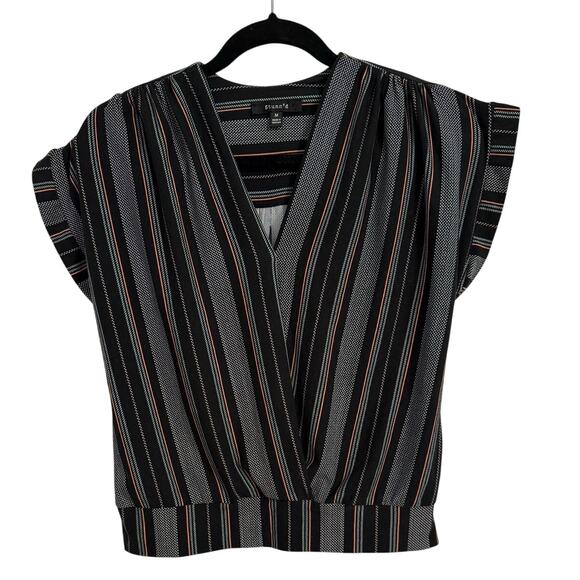 Stunn'd Womens M Retro Pastel Black Stripe Wrap Front Short Sleeve Soft Top Boho - Picture 1 of 7